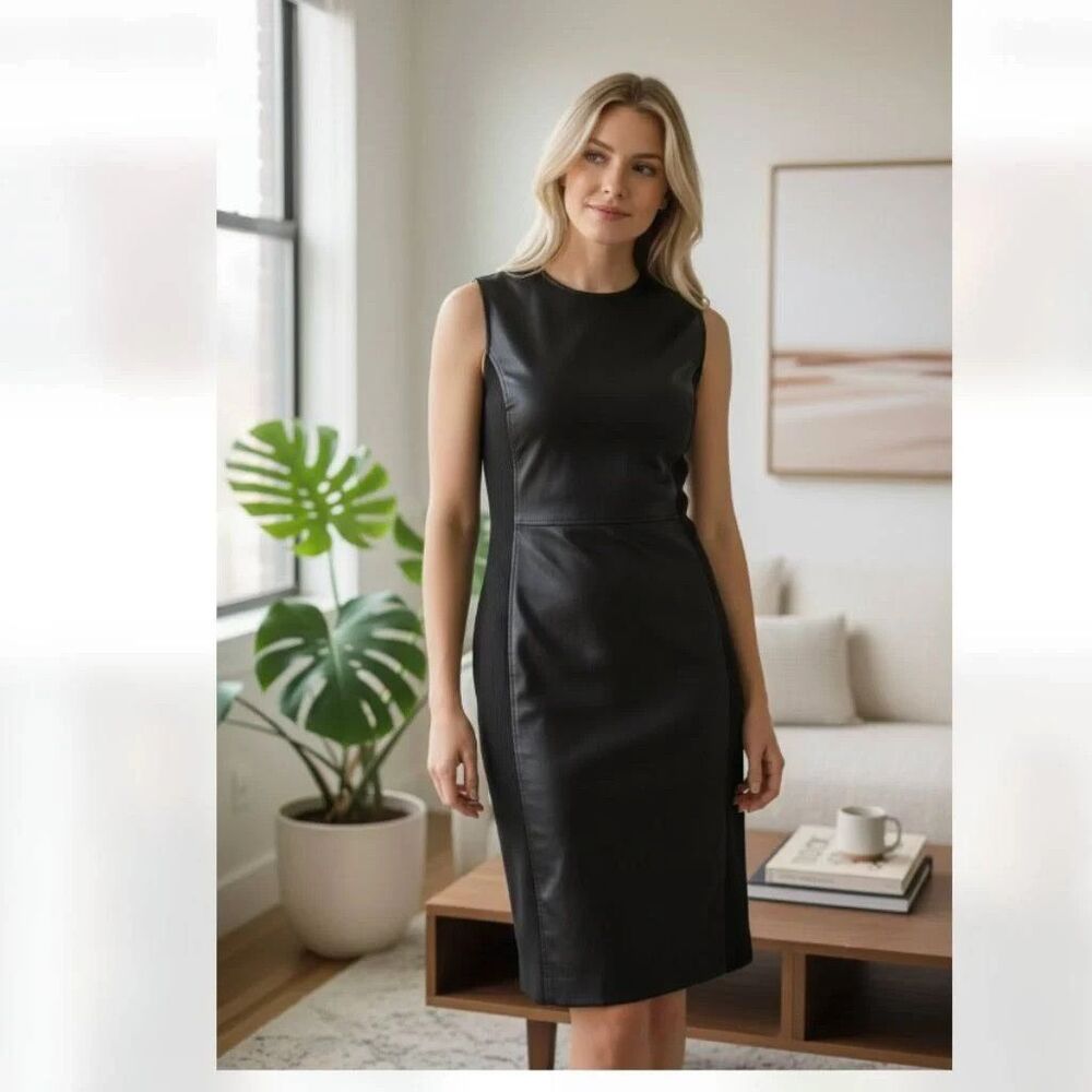 SPANX Leather-Like Mixed Media Combo Fitted Pencil Dress Black Luxe Size M NWT